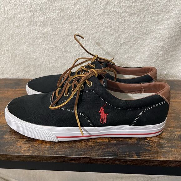 Polo Ralph Lauren Vaughn Mens Shoes 13D Black Canvas Leather Lace Preppy Low Top - Picture 7 of 16